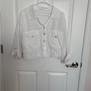 Made in Italy White linen jacket /Button-Up top with rolled sleeves.